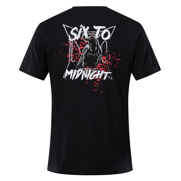 Black Six To Midnight brand t-shirt featuring a graphic of a stylized raven in a geometric design with red and white paint splatter details