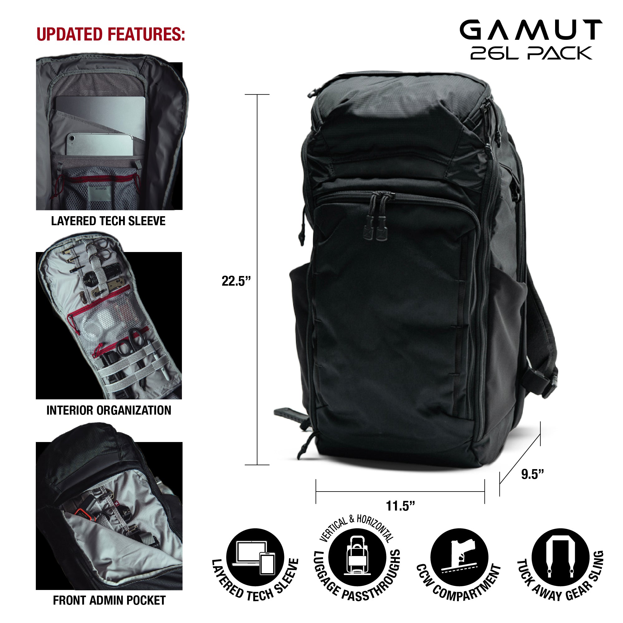 GAMUT 26L Pack with features and dimensions on a white background