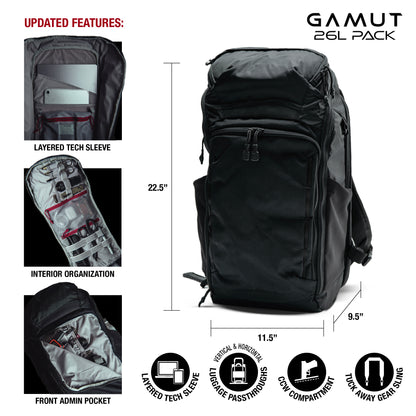 GAMUT 26L Pack with features and dimensions on a white background