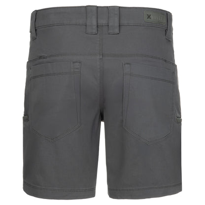 Product shot of Vertix dark gray shorts showing back pockets, waistband detail, and subtle stitching